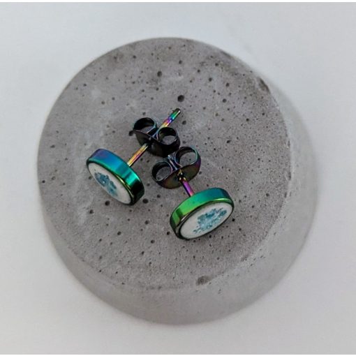 Beton fülbevaló - szivárványszínű keretben - türkíz csillámmal 